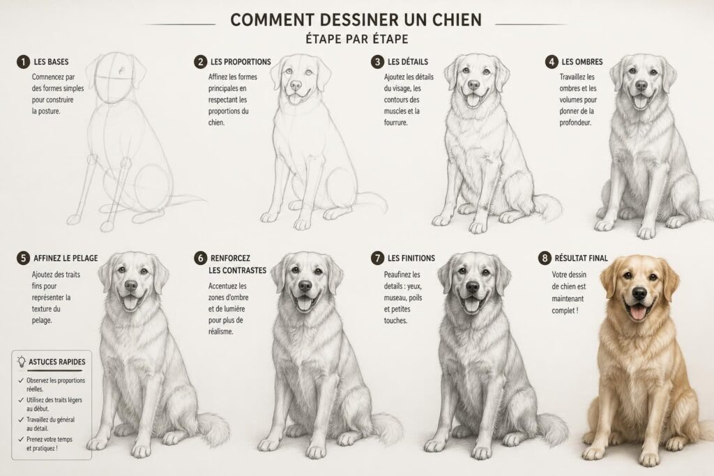 apprenez à dessiner un chien facilement grâce à nos astuces simples et efficaces pour créer un croquis réussi en quelques traits seulement.