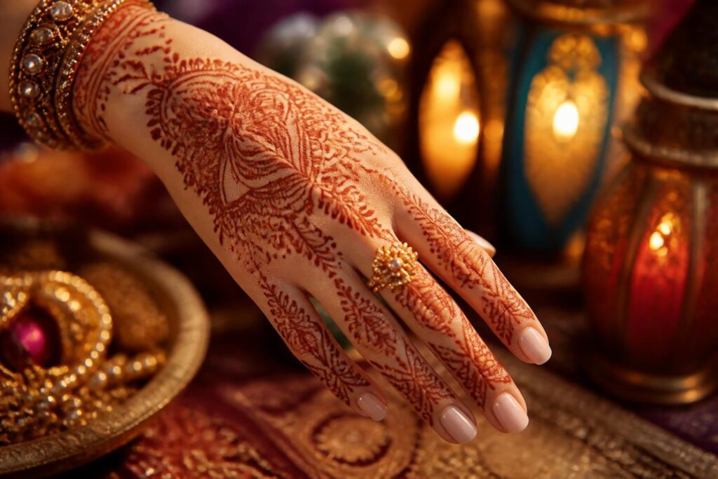 découvrez l'art traditionnel du mehndi, un design délicat qui sublime la peau lors des fêtes et célébrations avec des motifs élégants et authentiques.