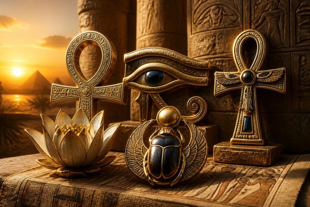 découvrez la signification des principaux symboles égyptiens comme l'ankh, l’œil d'horus et bien d'autres, et plongez dans l'univers mystique de l'égypte ancienne.